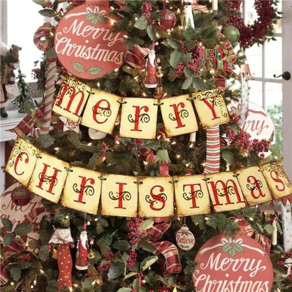 Christmas Decoration Vintage Merry Christmas Banner Retro Nostalgic‎ Traditional - Picture 6 of 6